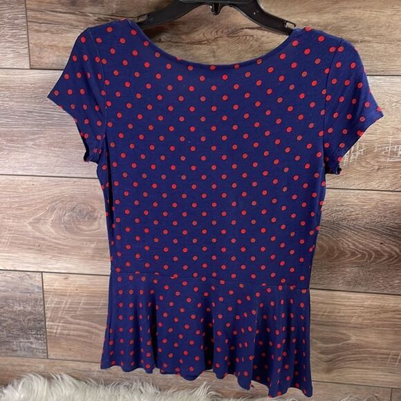 ELLE Ladies Polka Dot Blouse Top, Size Extra Small XS , Navy Blue with Red Dots - Picture 5 of 5